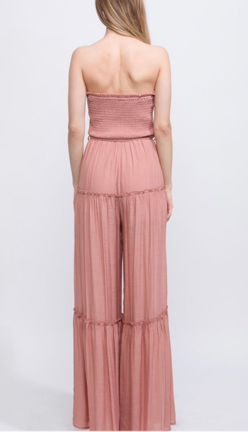 SMOCKED DETAIL WIDE LEG TUBE JUMPSUIT