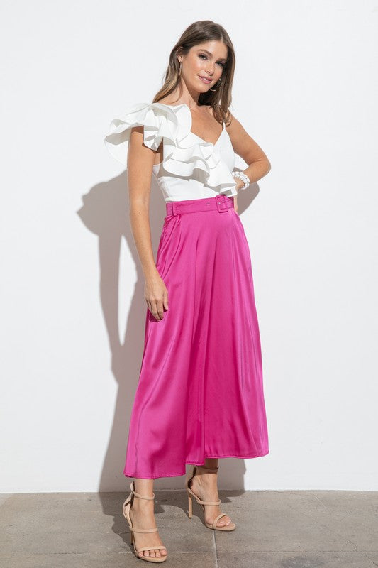 Belted Satin Midi Slip Skirt