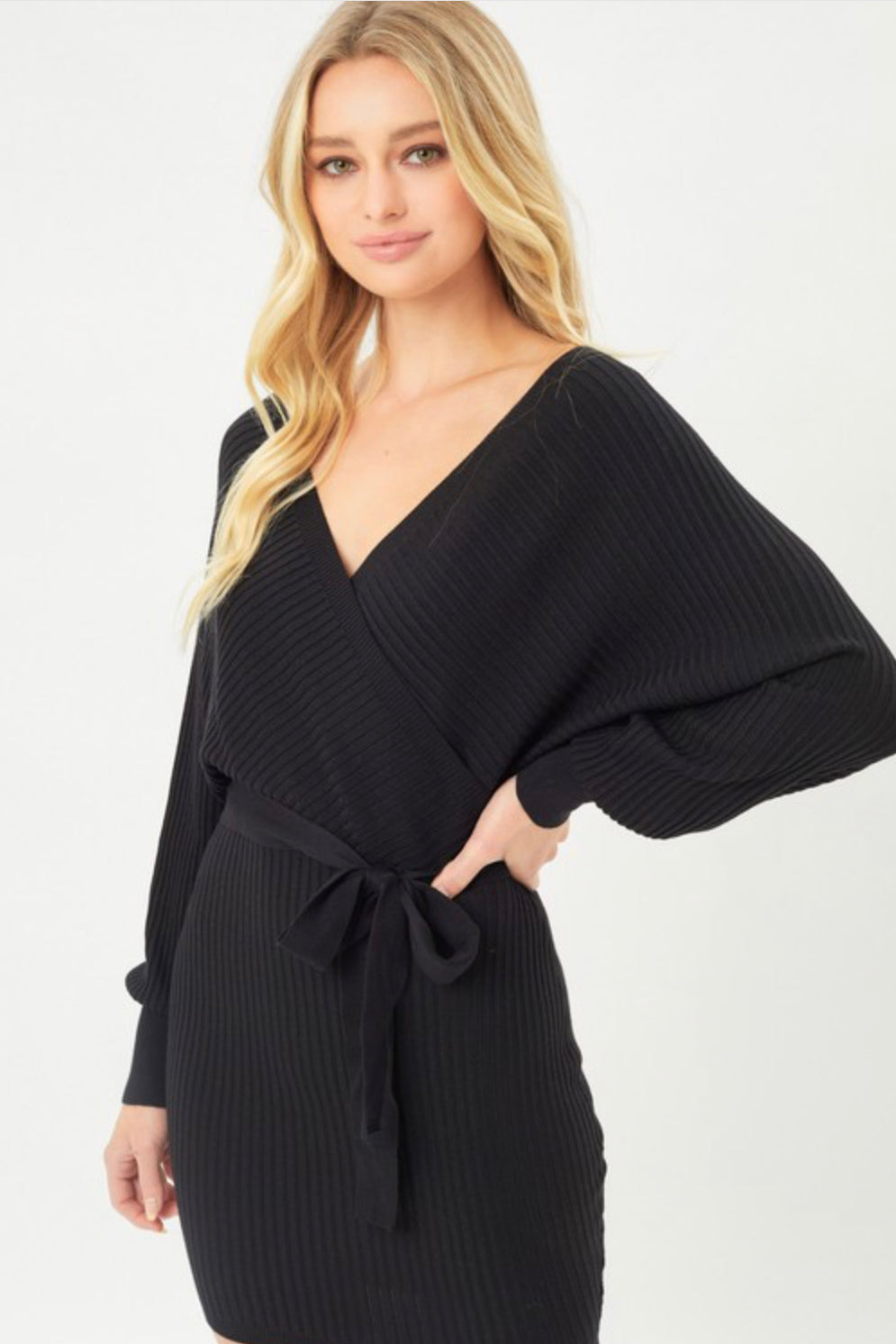 Off Shoulder Wrap Belted Ribbed Knit Dress