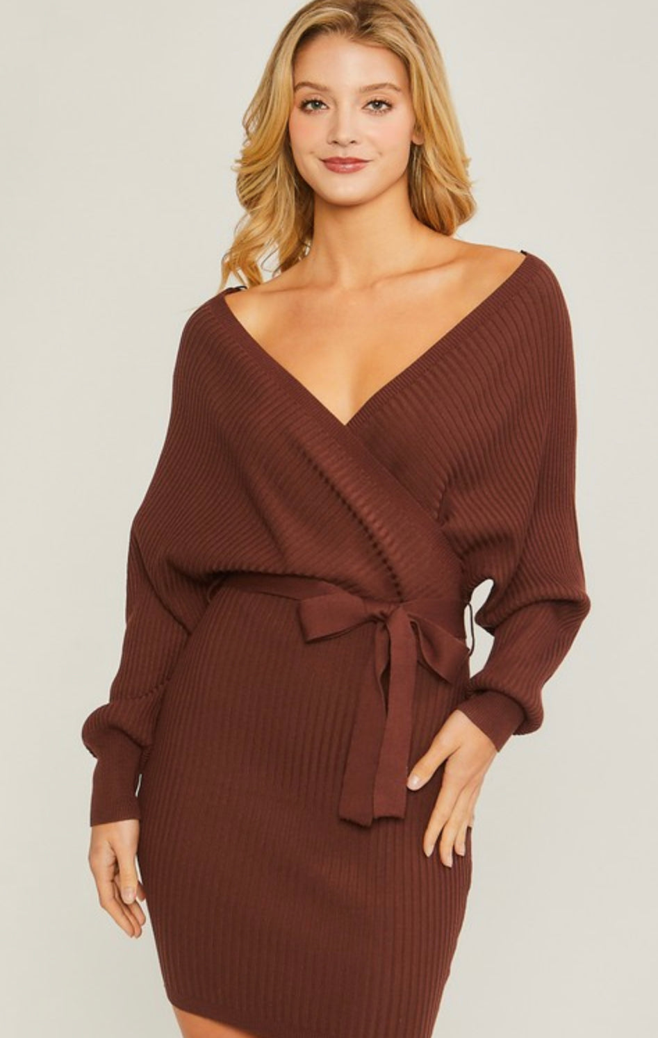 Off Shoulder Wrap Belted Ribbed Knit Dress