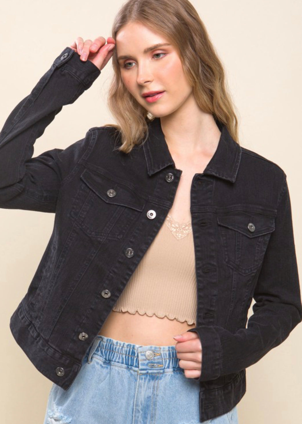 Denim Crop Jacket with Buttoned Front Pockets