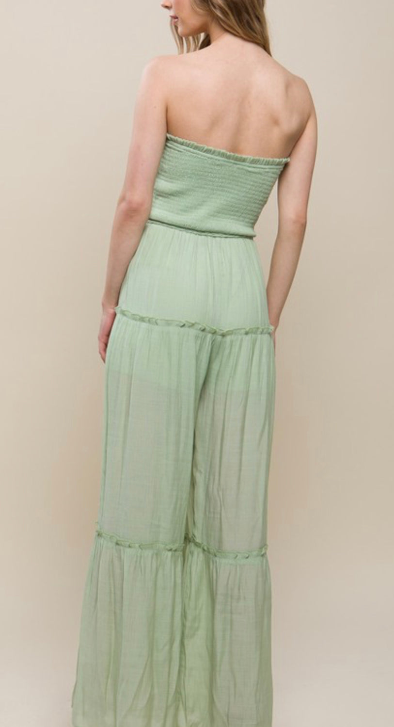 SMOCKED DETAIL WIDE LEG TUBE JUMPSUIT