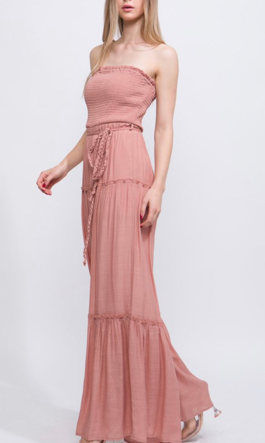 SMOCKED DETAIL WIDE LEG TUBE JUMPSUIT