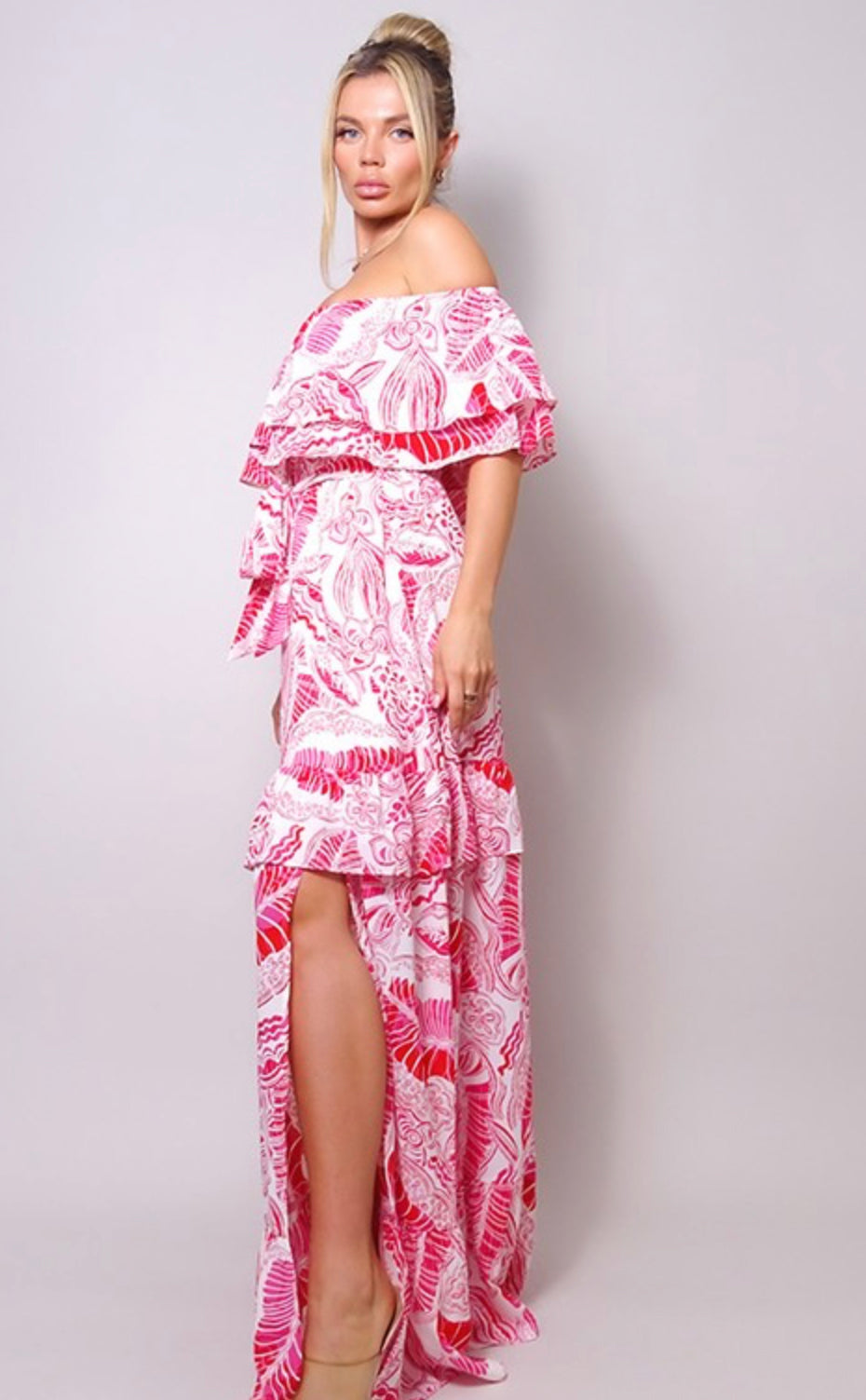 Off Shoulder Tiered Summer Print Maxi Dress