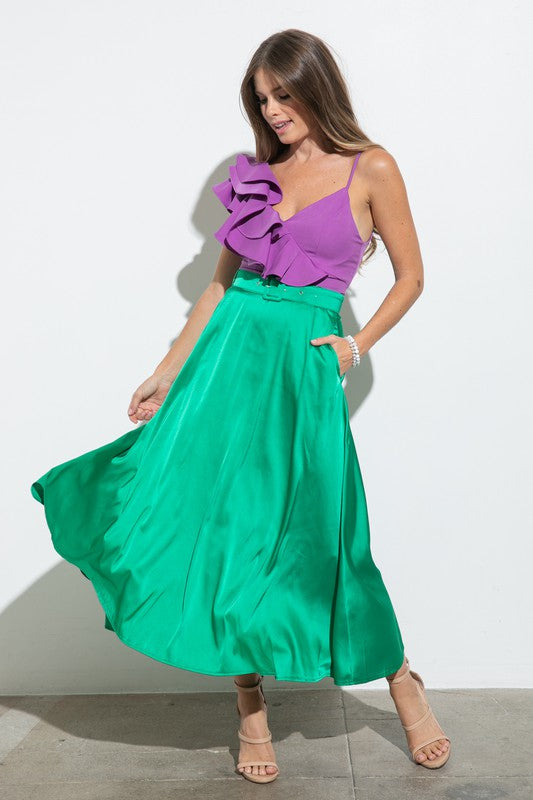 Belted Satin Midi Slip Skirt