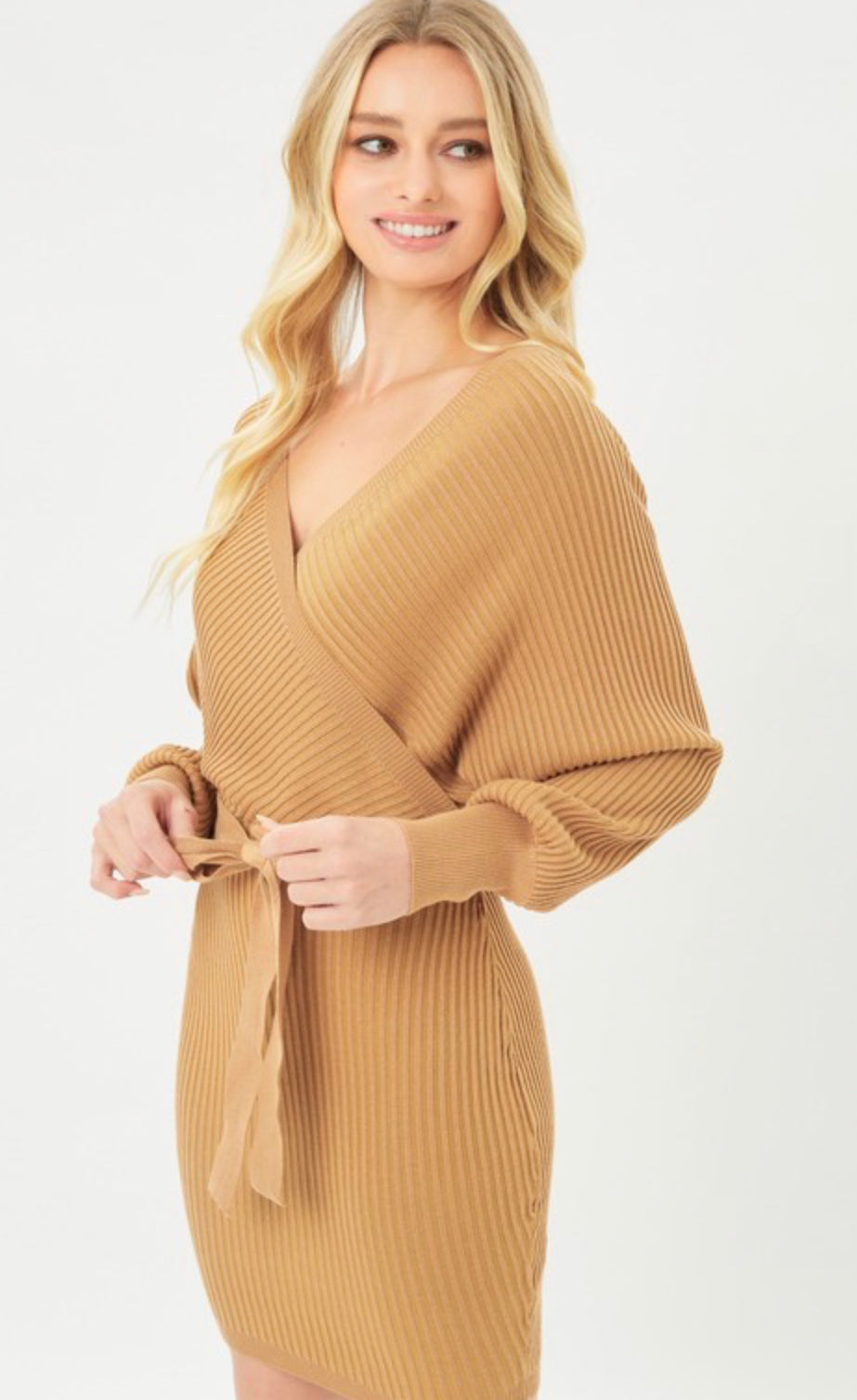 Off Shoulder Wrap Belted Ribbed Knit Dress