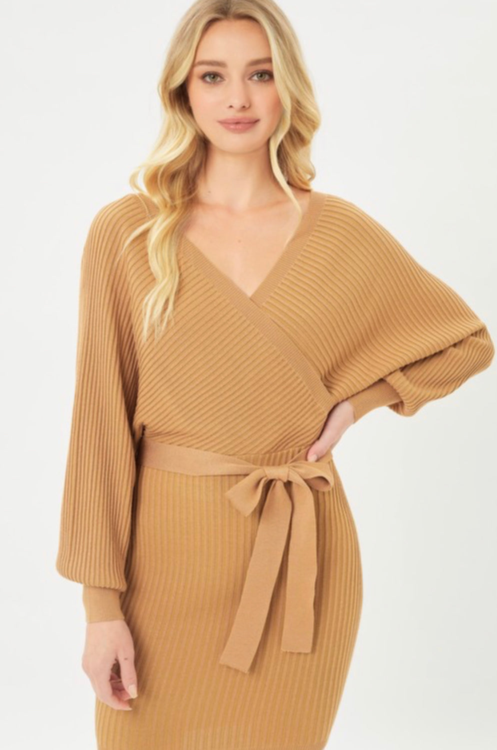 Off Shoulder Wrap Belted Ribbed Knit Dress