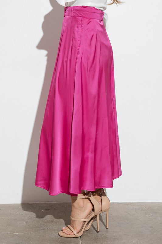 Belted Satin Midi Slip Skirt