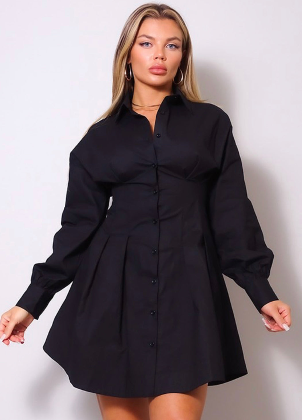 LONG SLEEVE FLARED BOTTOM POPLIN MINI SHIRT DRESS