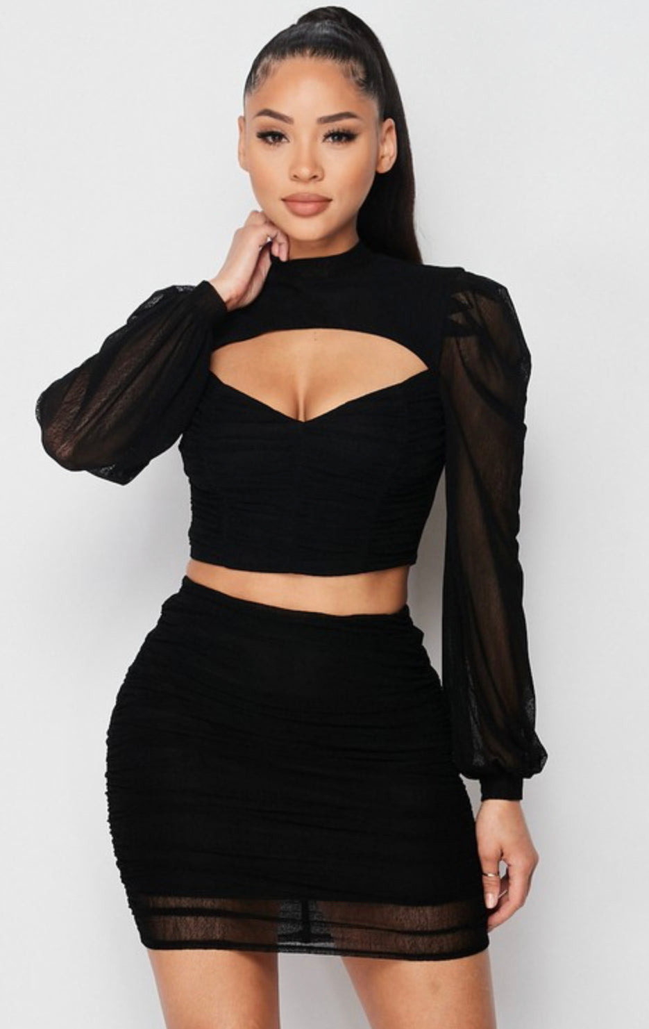 SEXY SHEER CUTOUT PUFF SLEEVED TOP AND SKIRT SET