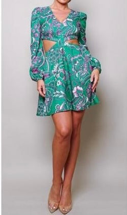 Long Sleeve V Neck Side Cutout Mini Dress