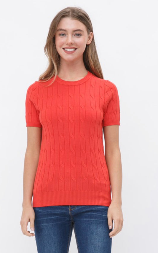 Cable Knit Crew Neck Short Sleeve Sweater