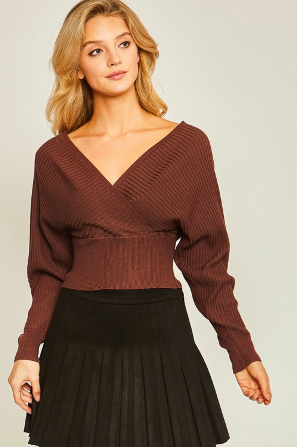 Surplice Neckline Ribbed Sweater