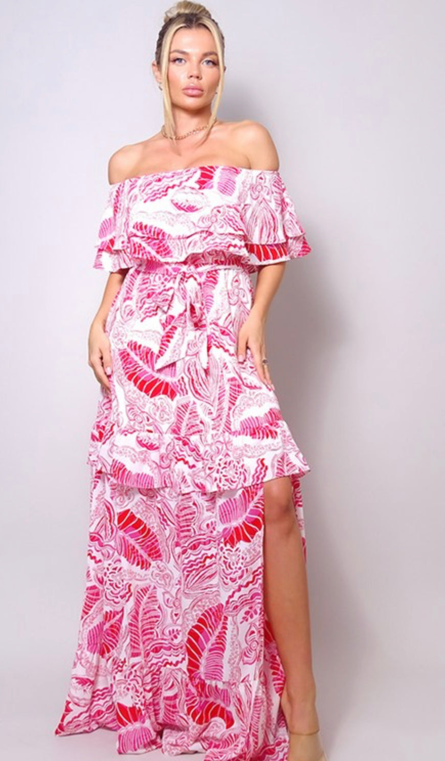 Off Shoulder Tiered Summer Print Maxi Dress