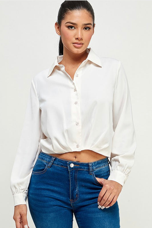 Long Sleeve Button Down Top with Back Tie