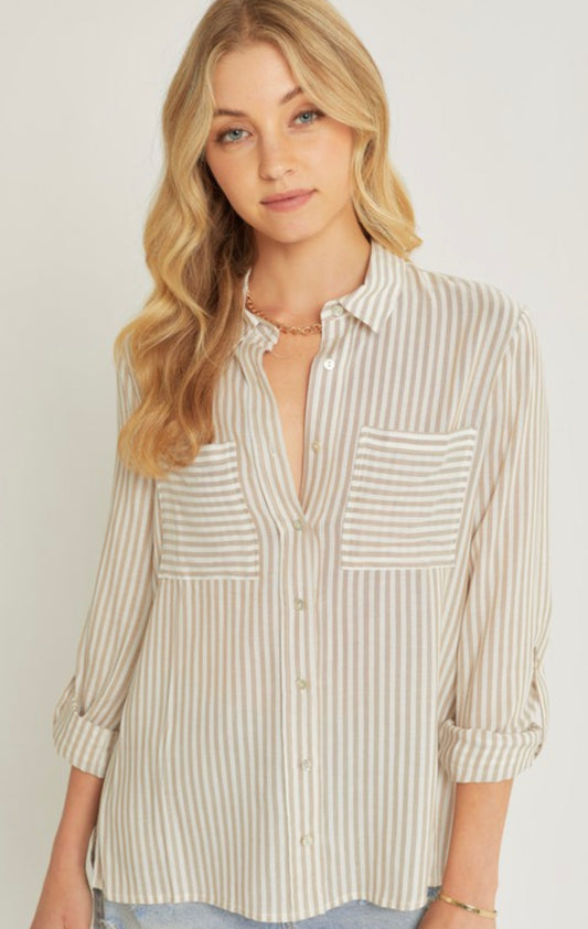 Striped Roll Up Sleeve Button Down Blouse Shirts