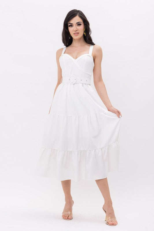 Sweetheart Neckline Belted Midi Dress