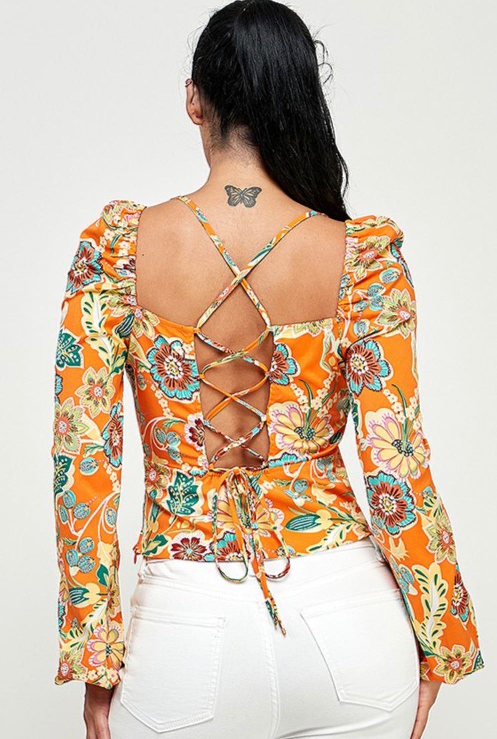 Printed Long Sleeve Fitted Top with Lace Up Back