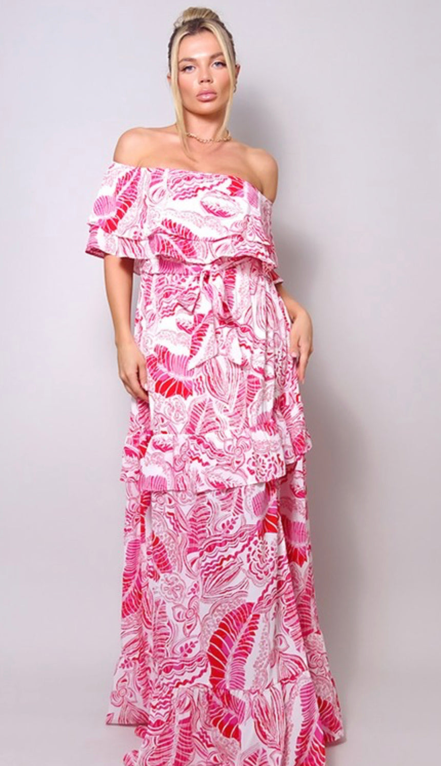 Off Shoulder Tiered Summer Print Maxi Dress