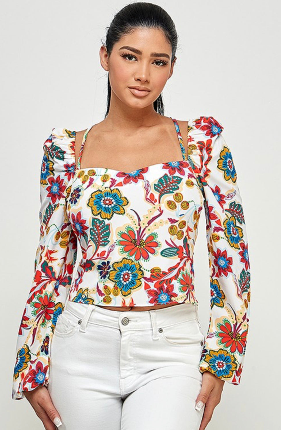 Printed Long Sleeve Fitted Top with Lace Up Back