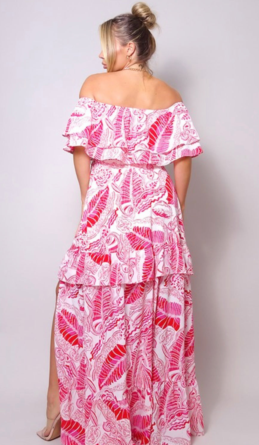 Off Shoulder Tiered Summer Print Maxi Dress