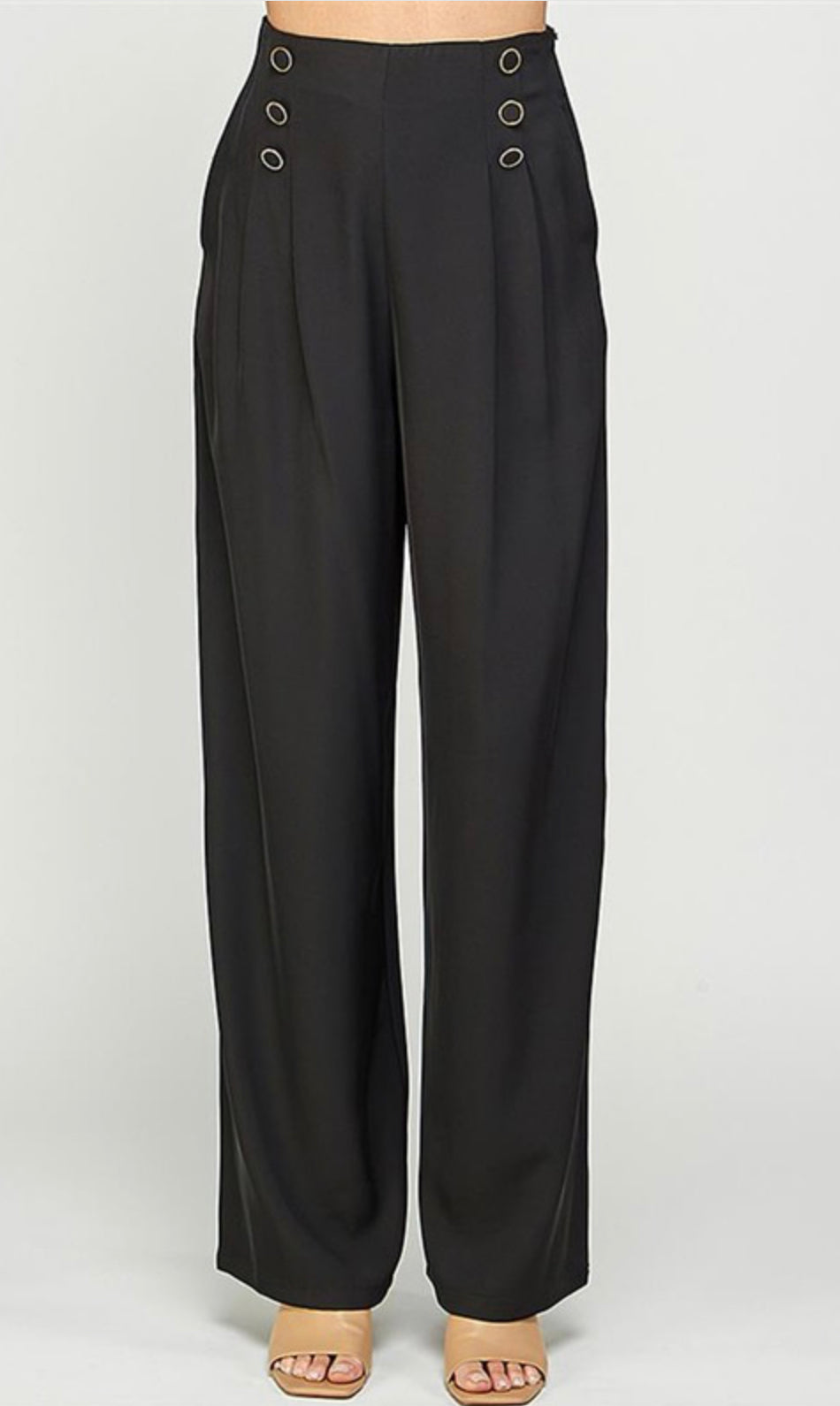 Wide Leg Long Pants with Button Detail