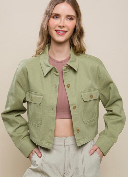 Denim Crop Jacket with Buttoned Front Pockets