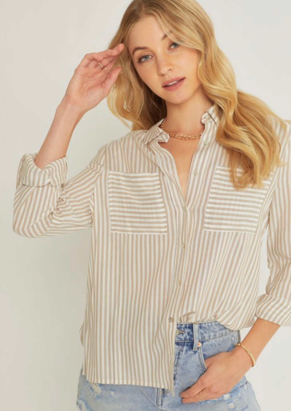 Striped Roll Up Sleeve Button Down Blouse Shirts