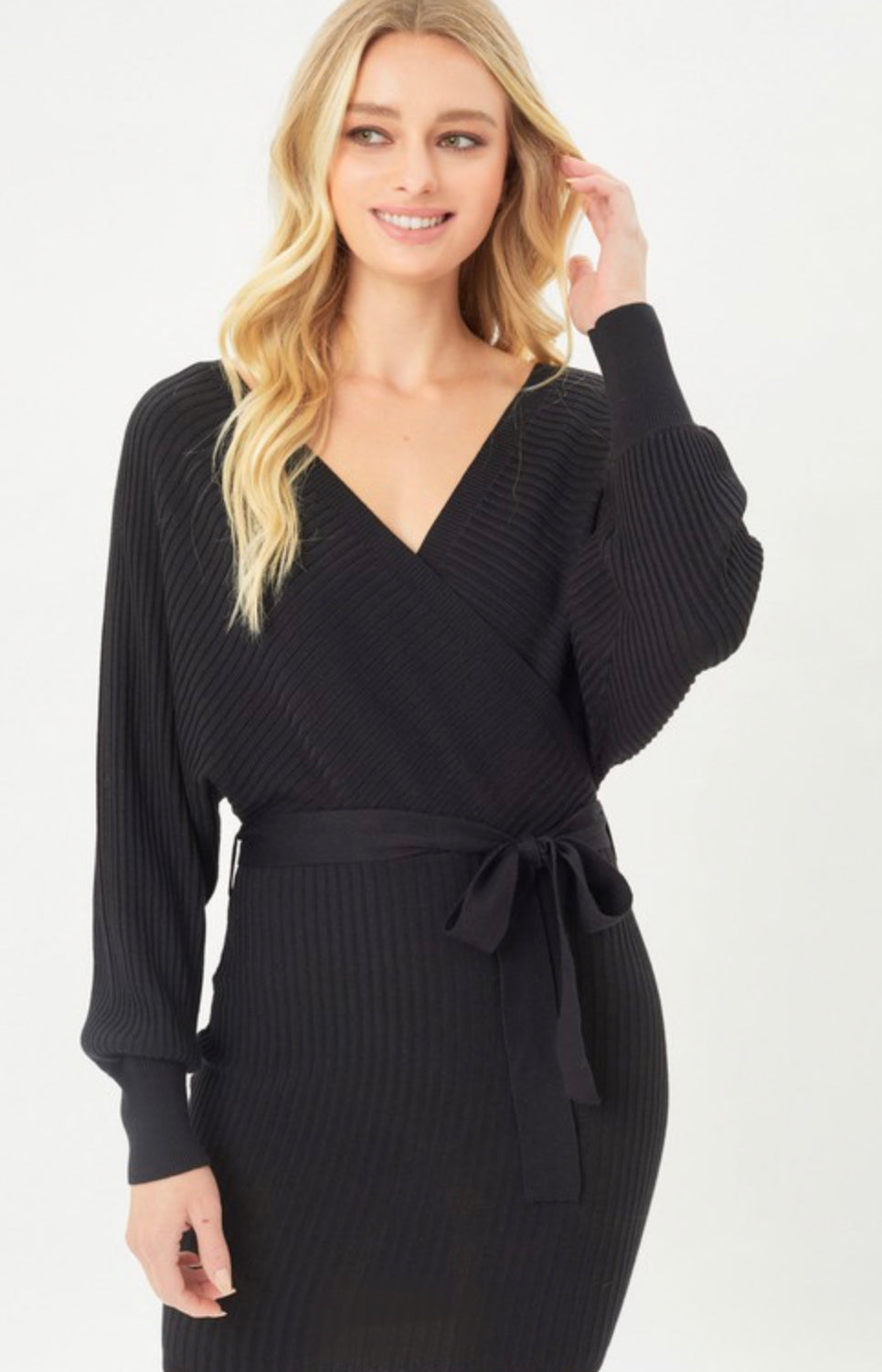 Off Shoulder Wrap Belted Ribbed Knit Dress