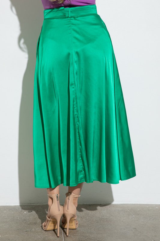 Belted Satin Midi Slip Skirt