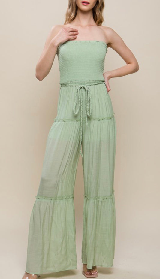 SMOCKED DETAIL WIDE LEG TUBE JUMPSUIT